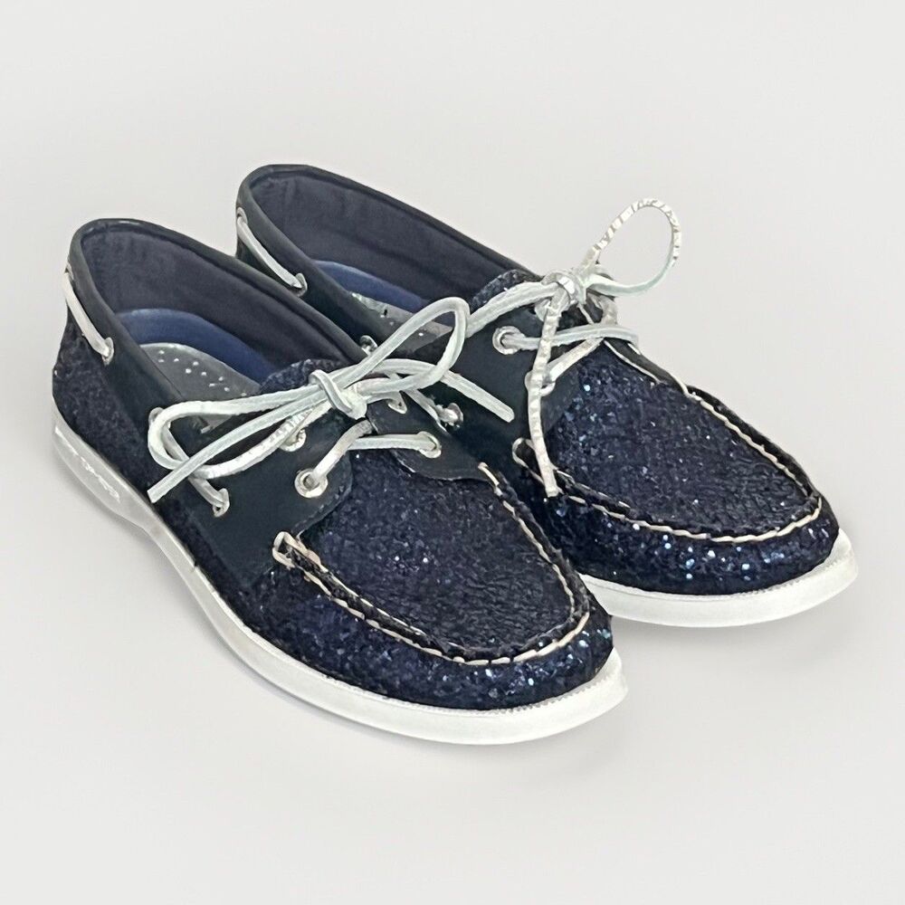 Sperry Top Sider Original 2-eye Boat Shoes Blue Glitter July 4 Patriotic Sz 7